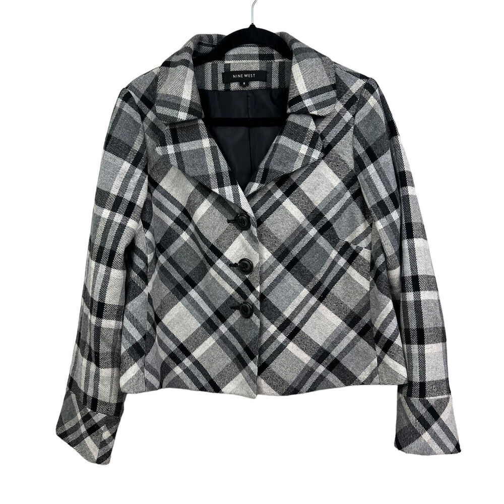 Nine West Wool Blend Plaid Jacket Lightweight 3 Button Lined Black Gray Women 8*